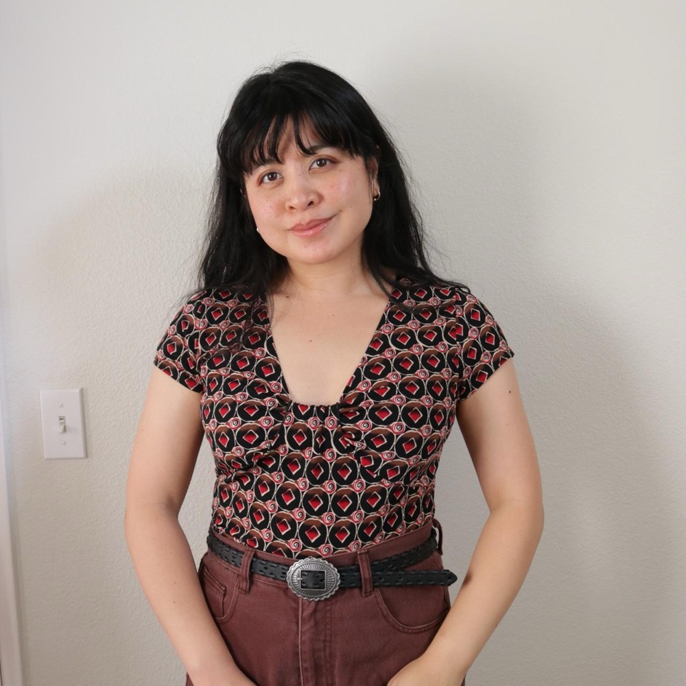 Cute Brown And Red Funky Patterned Blouse - image 1